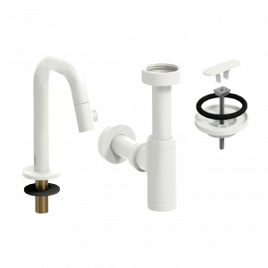 SET - Kaldur Waschbecken Wasserhahn, Ablassschraube, Siphon Standhebel niedrig weiß matt