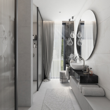 Waschtisch a fliesen estrich und imitace mramoru v  CLOUD-Luxusbadezimmer, pohled od vstupu